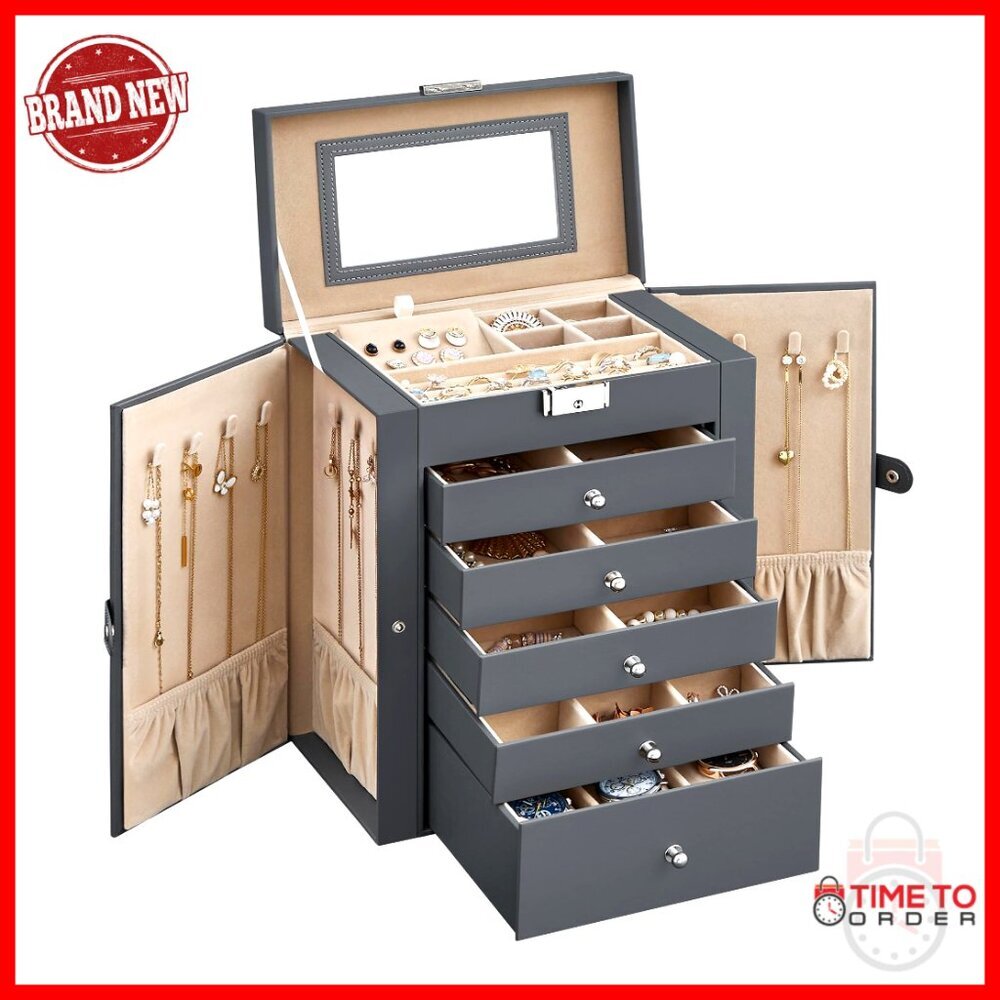 Jewelry Organizer Box with Mirror Lockable Storage Case Elegant Gray